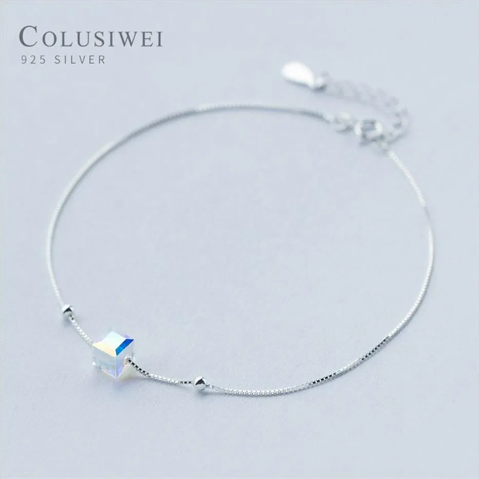 Colusiwei äkta 925 Sterling Crystal Cube Silver Anklet for Women Charm Armband of Leg Ankle Foot Accessories Fashion259f