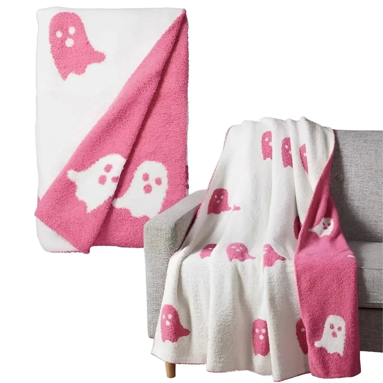 Filtar Pink Halloween Ghost Filt Flanell Double Sided Fluffy Soft Casual Sofa TV Throw Plush Cover 231017