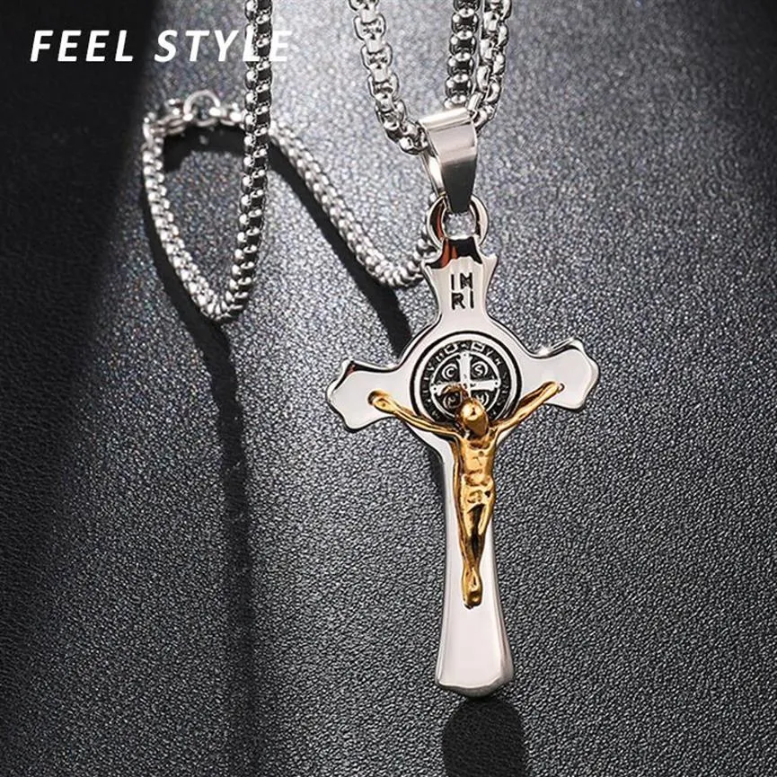 Pendant Necklaces INRI Jesus Cross Pendants Stainless Steel Exorcism St Benedict Crucifix Necklace For Men Jewelry251h