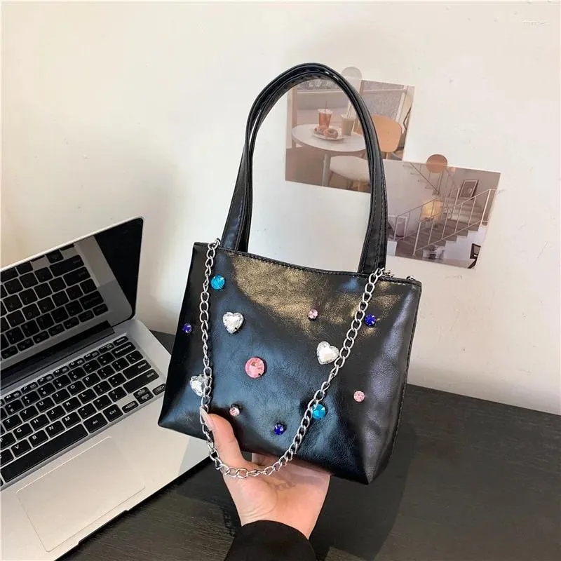 Evening Bags Female Black Tote Bag Fashion Color Rhinestone Mini Square Handbag Y2k Style Small Shoulder Crossbody Women's