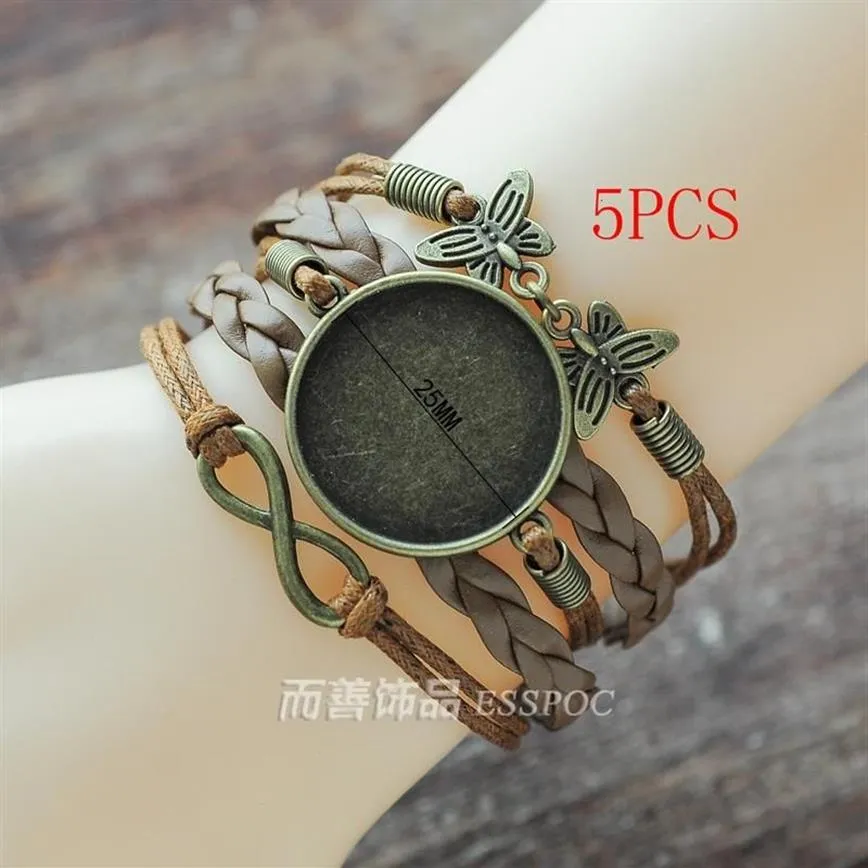 Chaîne à maillons 5 pièces bricolage multicouche en cuir tissé Bracelet 25MM rond Po verre cabochon faisant bracelet Base vierge réglage plateau de lunette J250j