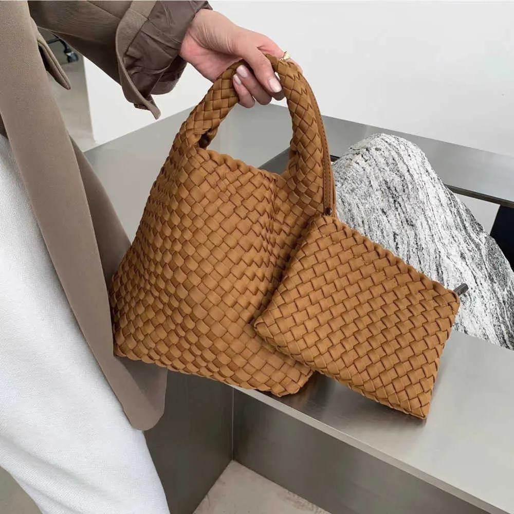 Multi-functional woven shoulder bag handbag travel shopping bag hand-woven pu women's bag 231017
