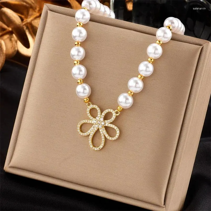 Choker 316L Stainless Steel Simple Charm Retro Artificial Pearl Micro Inlaid With Zircon Small Flower Beads Handmade Woven Necklace