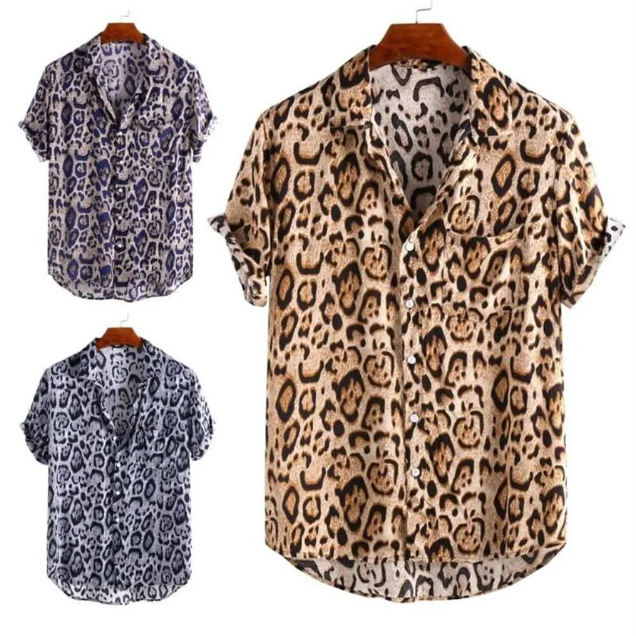 Nieuwe Mode Hoge Kwaliteit Mannen Zomer Korte Mouw Luipaard Print Knop Revers Shirt Losse Blouse Streetwear Heren Vintage shirt237n