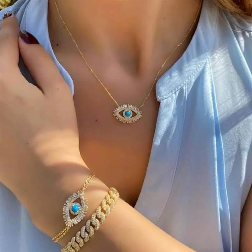 Trendy 18k Gold Plated Turkish Evil Eye Necklace Lucky Girl Gift Baguette Cubic Zirconia Turquoise Geomstone Top Quality Evil Eye 184S