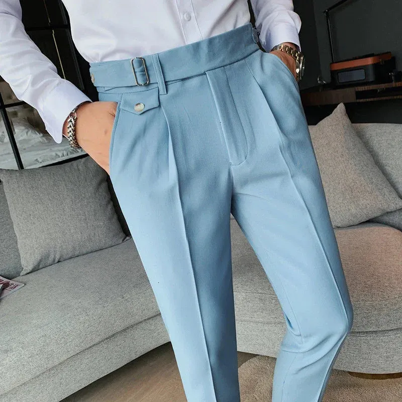 Men s byxor fyra säsongsbälte knäppta kalvbyxa män pantalon de vestir hombre casual lyx affärsbyxa för man rak byxa 231016