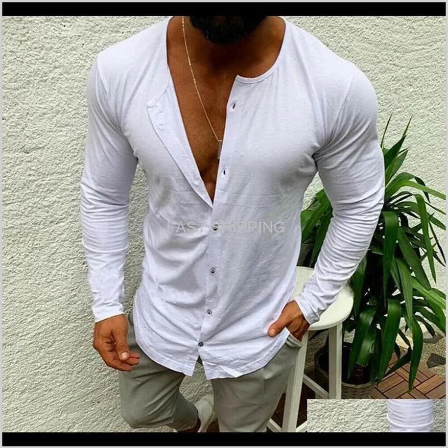 Men'S T-Shirts Apparel Mens Casual Fashion Slim Fit Button V Neck Long Sleeve Muscle Basic Tee Solid Color T-Shirt Tops Drop 235l
