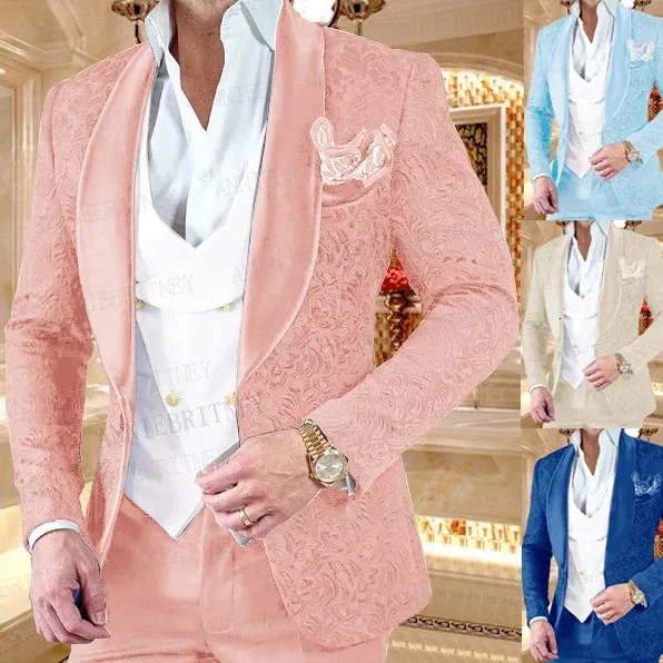 Costumes pour hommes Blazers Luxe hommes costumes de mariage rose 3 pièces personnalisé marié costume robe smoking coupe mince Jacquard Blazer Double boutonnage gilet pantalon ensemble 231017