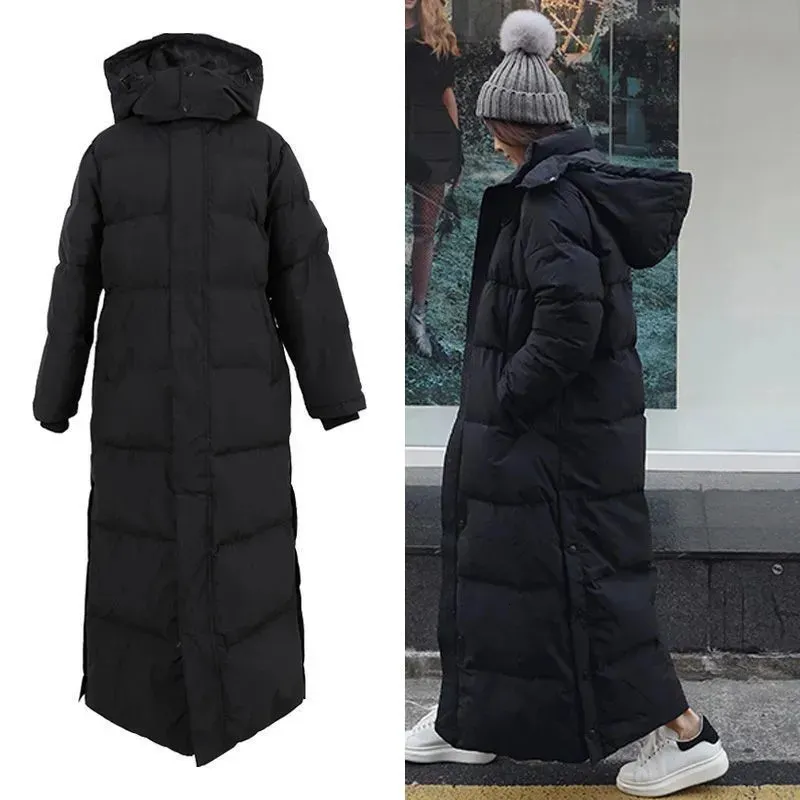Femmes vers le bas Parkas Super longue veste en coton rembourré femmes coréenne sur le genou mode hiver femme épais noir manteau 231017
