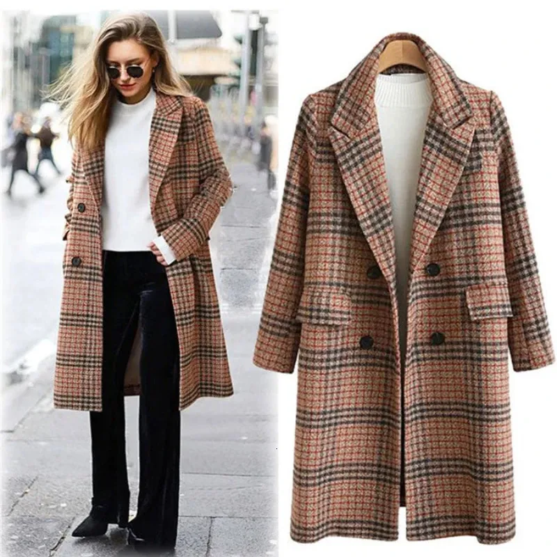 Women's Wool Blends Women Coat Long Jacket Woolen Plaid Double Breasted Lapel Overall Autumn Winter Loose Fitting Blazer Checkered Long Sleeve 231017