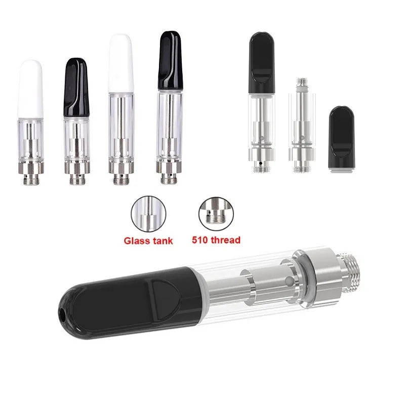 Atomizerler vape arabaları 510 iplik buharlaştırıcılar beyaz siyah 0.5ml 1ml kartuşlar elektronik sigara mini yağ tankı kapasite kapasite vape kartuşu