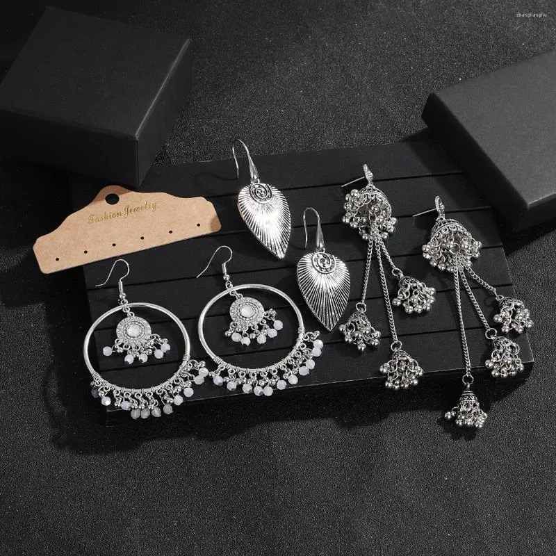 Baumeln Ohrringe Boho Ethnische Silber Farbe Lange Quaste Tropfen Ohrring Set Jhumka Femmes Vintage Große Runde Perlen Hängen Schmuck