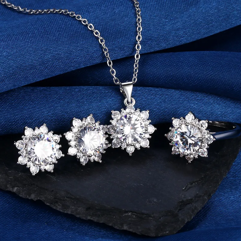 Conjunto de joias de diamante de laboratório de girassol 925 prata esterlina festa anéis de casamento brincos colar para mulheres joia de moissanite presente