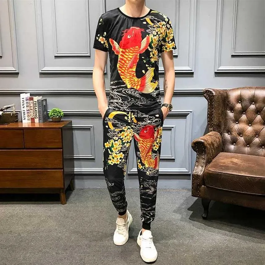 Men Fish Print Short Sleeve T Shirt 2 Piece Set Men Outfits Set Trainingspak Heren High Quality Tracksuit Top And Pant2424