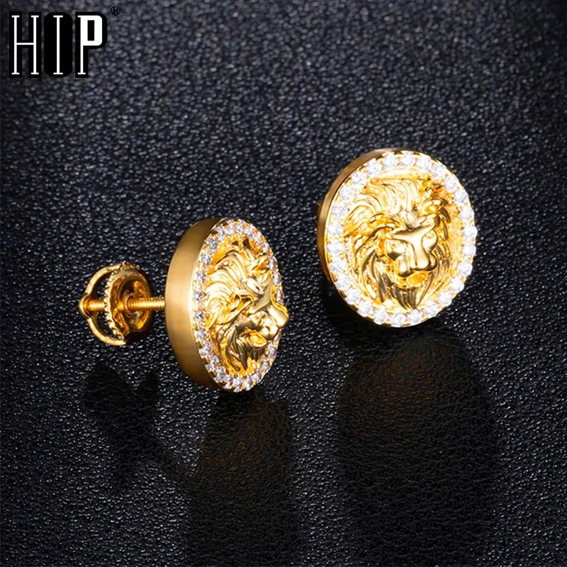 Stud Hip Hop 1Pair Zircon Micro Pavimentado Leão Iced Out Strass CZ Pedra Rodada Bling Brinco Brincos De Cobre Para Homens Jóias 231016