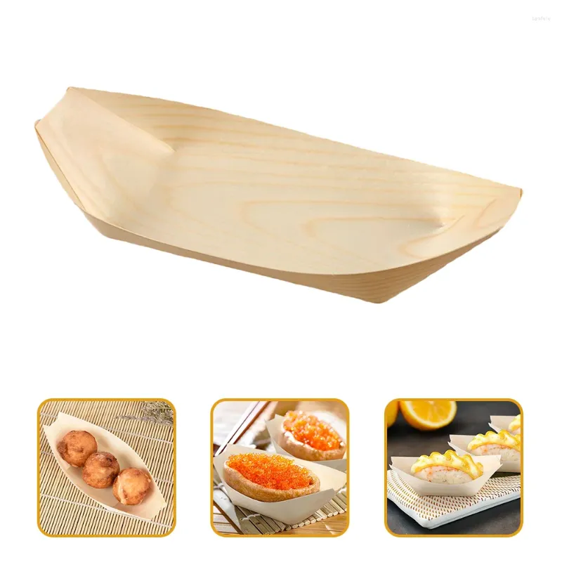 Vajilla desechable 150 Uds. Bandeja de servicio de barco de Sushi de madera contenedores de aperitivos resistentes a la grasa