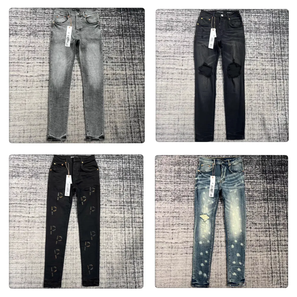 Lila Designer-Jeans-Hosen, Stickerei, Steppung, zerrissen, für Trendmarke, Vintage-Hose, Herren-Falte, schlanke, dünne, modische Jeans, Top-Qualität