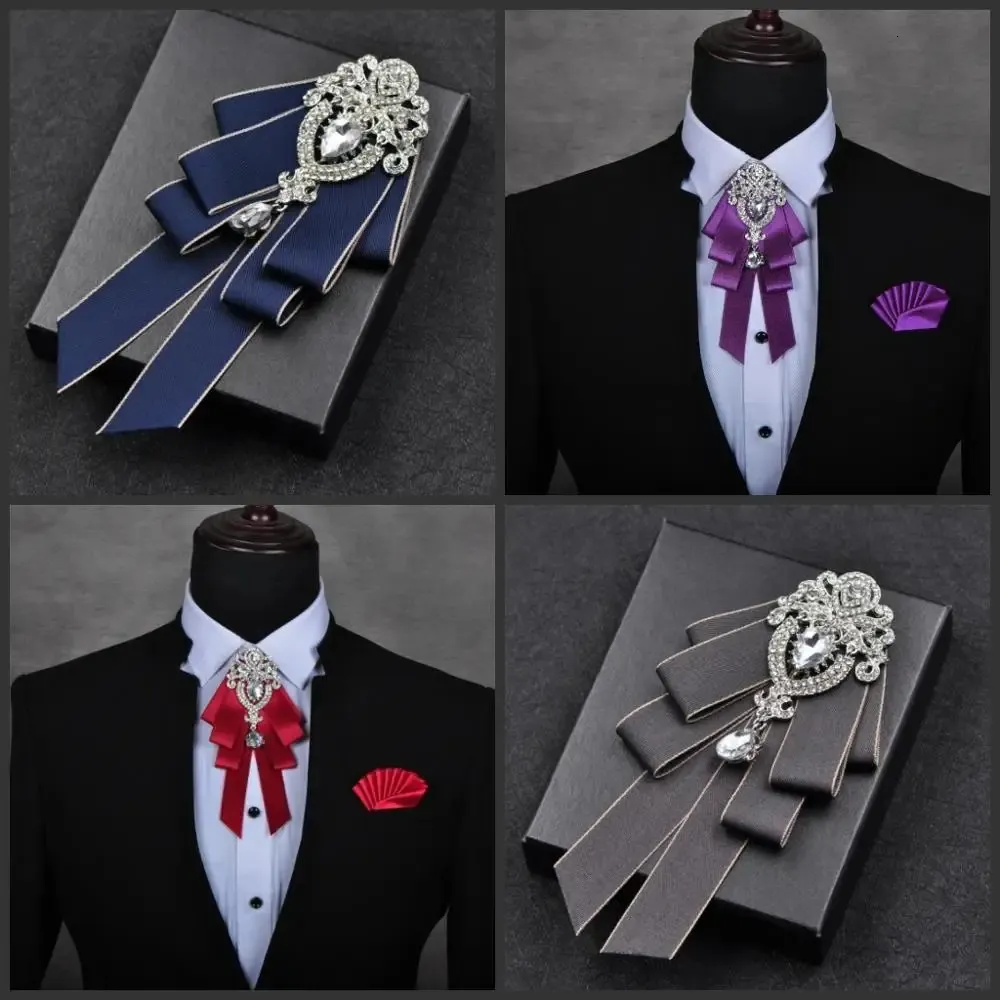 Cravates hommes affaires cravate de mariage Chic alliage broche strass noeud papillon ensemble femmes rayé broches mouchoir poche carré noeud papillon 231013