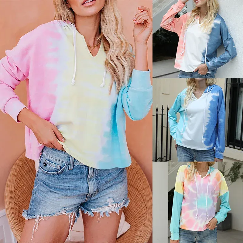 Soft Tie-dye V-neck Printing Hoodie Tops Long Sleeve Drop Shoulder With Hat Pullovers Sweatshirt Crop Women Hoody Female