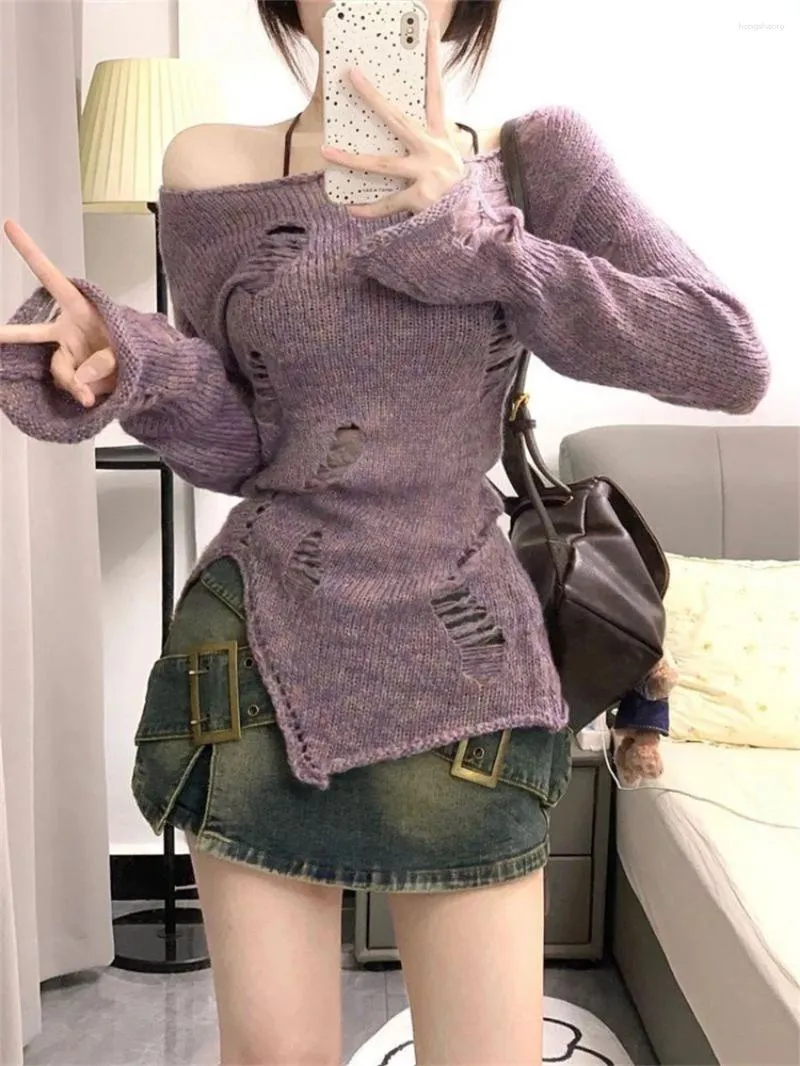 Chandails pour femmes coréen Vintage décontracté à manches longues pulls tricotés vêtements de base violet pull en tricot 2023 mode femmes