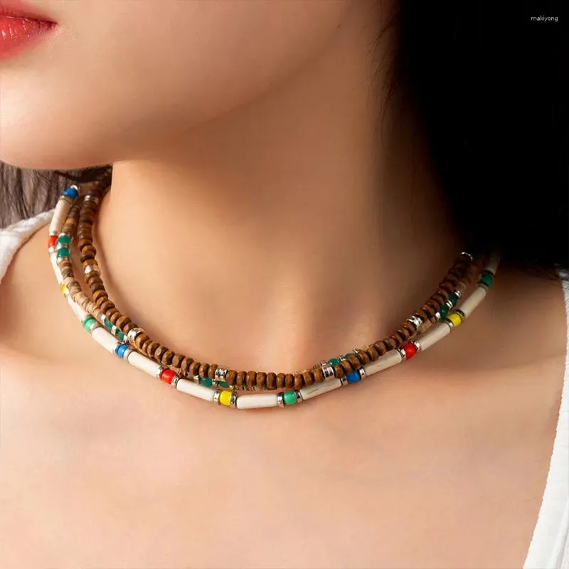 Pendant Necklaces 3Pcs/Lot Bohemia Vintage Wood Beads Necklace For Women Three Layer Colorful Round Chain Set Summer Jewelry