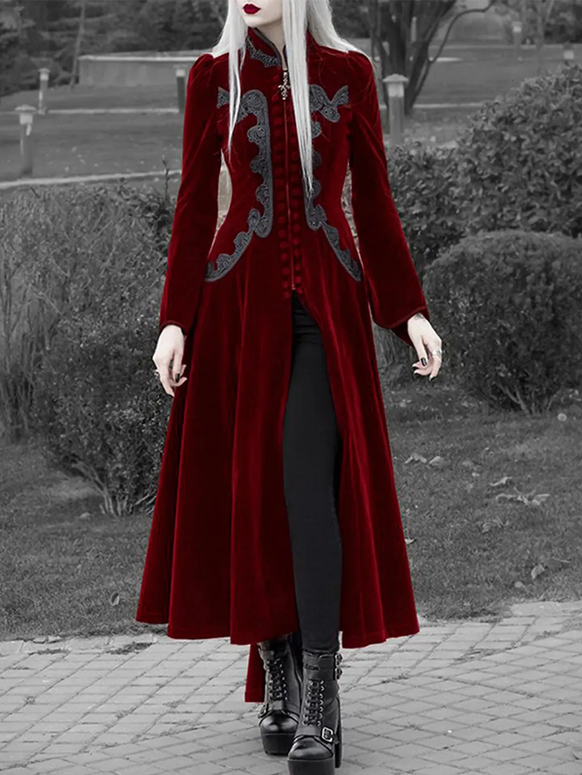 Kadın Yün Karışımları Kadınlar İçin Uzun Ceketler Velvet Stand Yakası Fermuar Dış Giyim Ceket Moda Zarif Kırmızı Çok Renkli Bölünmüş Ceketler Sonbahar 231016