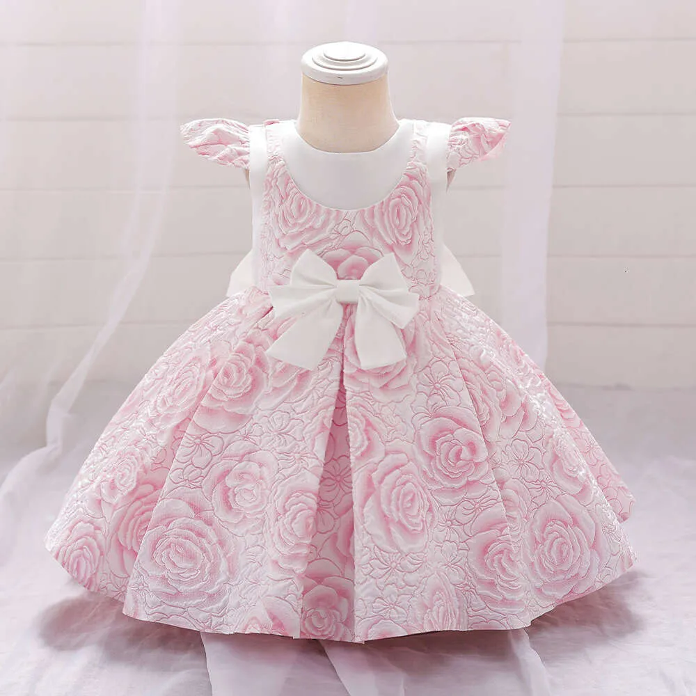 New Girls' Dress with Flying Sleeves Rose Bow Princess Dress Baby Girls' First Year Dress