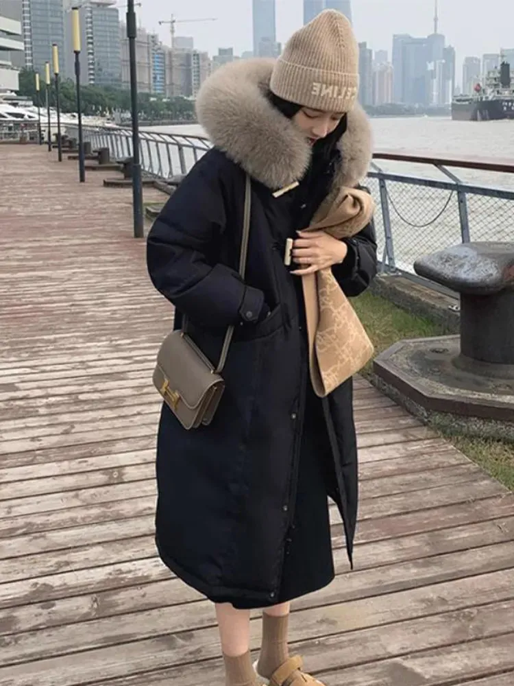 Womens Down Parkas Winter Thicken Woman Jacket Overcoat Löst varm koreansk mode huva blixtlås Elegant kappa kvinnlig stilig 231017