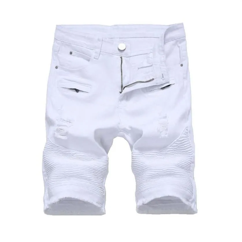 Summer Mens denim Slim Casual Kne Length Short Hole Jeans For Men Straight Bermuda Masculina White Black Red248f