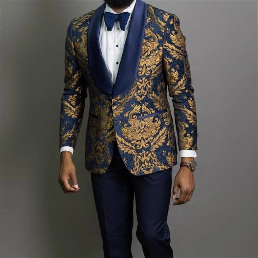 3 -stycken guld Jacquard prom män passar blå sjal lapel smal passform brudgum tuxedo manlig modedräkt blazer väst med byxor272d