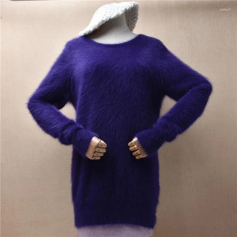 Pulls pour femmes Femmes Femmes Automne Hiver Vêtements Violet Poilu Mink Cachemire Tricoté O-Cou Slim Blouses Angora Fourrure Moyen Long Pull