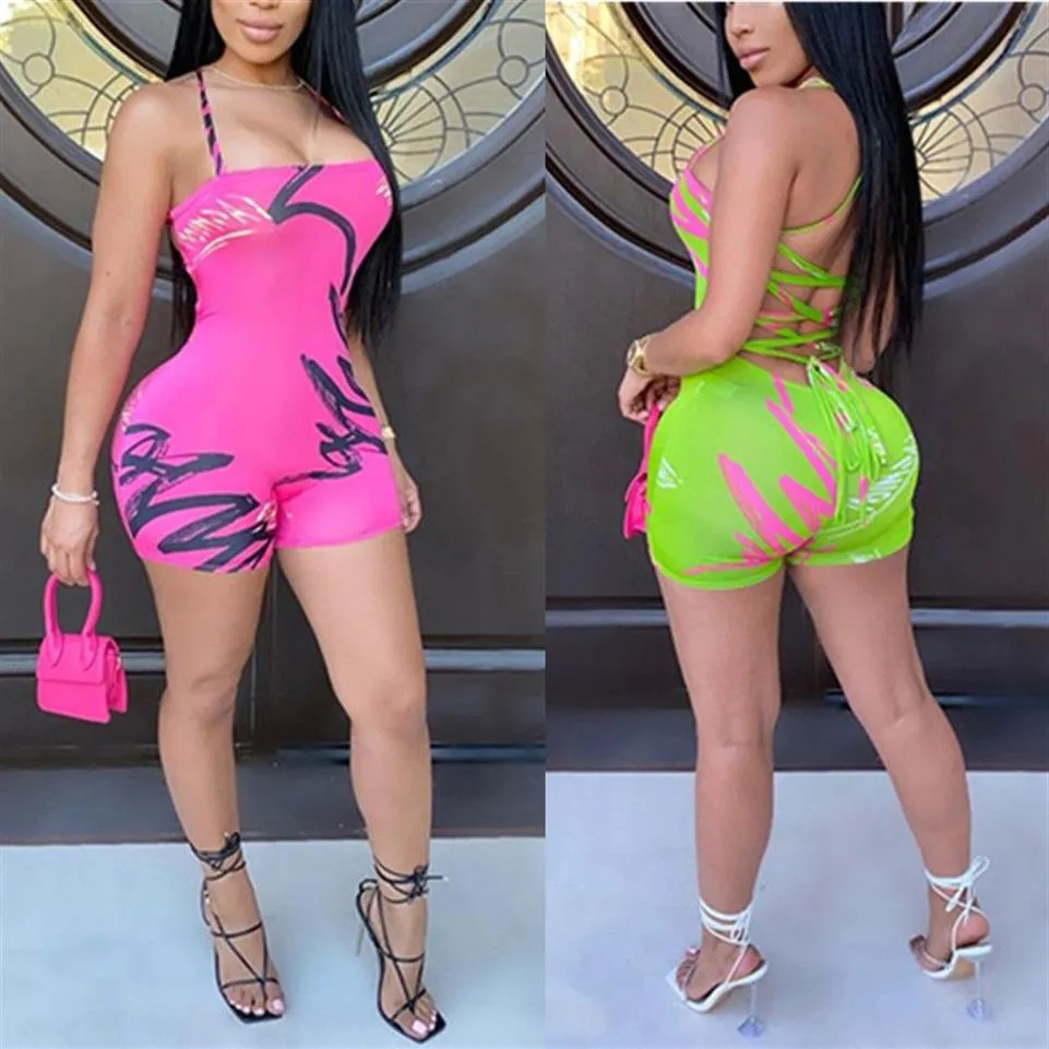 Sexig ärmlös rygglös ihålig dam Jumpsuit Lace-up Bandage Fashion Print Night Club Play-Rompers Women Overalls268n