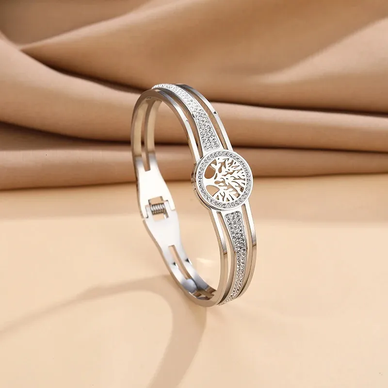 Stainless Steel Tree of Life Bangle Bracelet with Stone