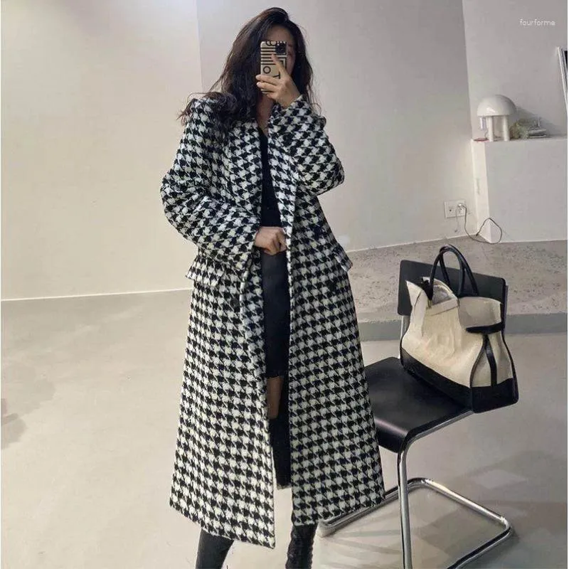 Vintage Houndstooth Wool Blends Checkered Trench Coat Womens