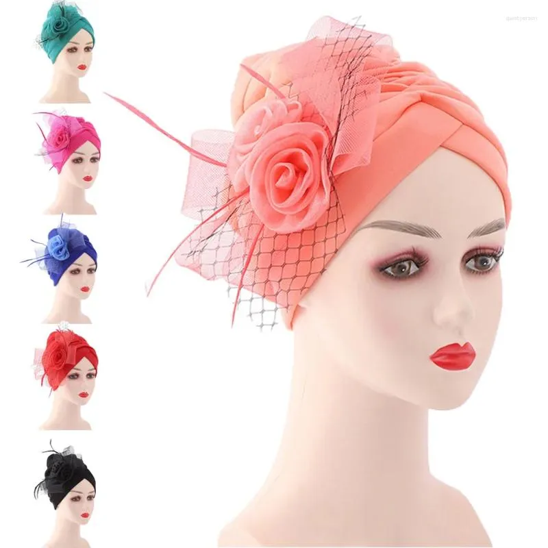 Ethnic Clothing 2023 Feather Flower Turban Hats For Women Female Headwrap Ready To Wear Hijab Caps Muslim Headscarf Bonnet Turbante Mujer