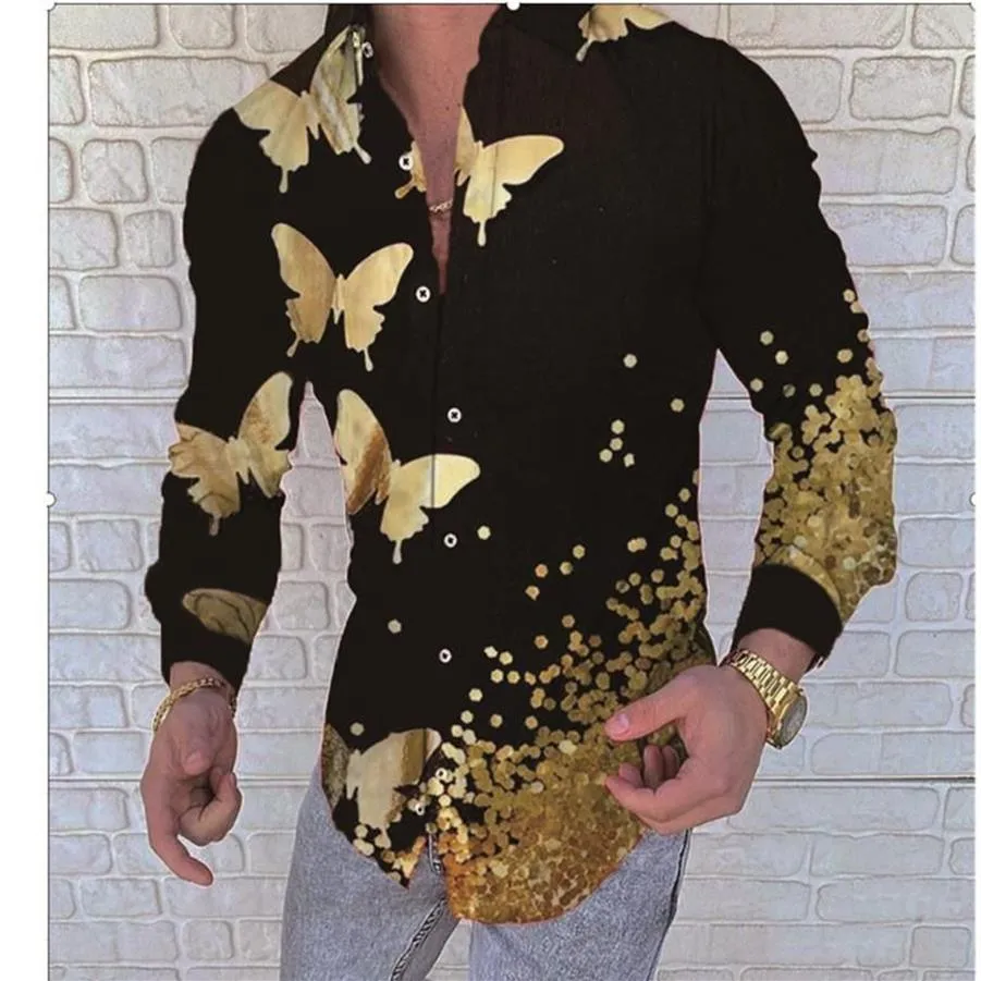 Chemises décontractées pour hommes Style Punk Style Soie Satin Golden Butterfly Impression Revers Mâle Slim Fit Manches Longues Fleur Party Shirt Tops267O