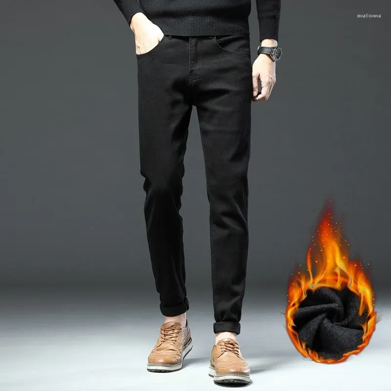 Мужские джинсы, зимние бархатные черные облегающие эластичные утолщенные теплые джинсовые брюки, деловые повседневные модные красивые брюки