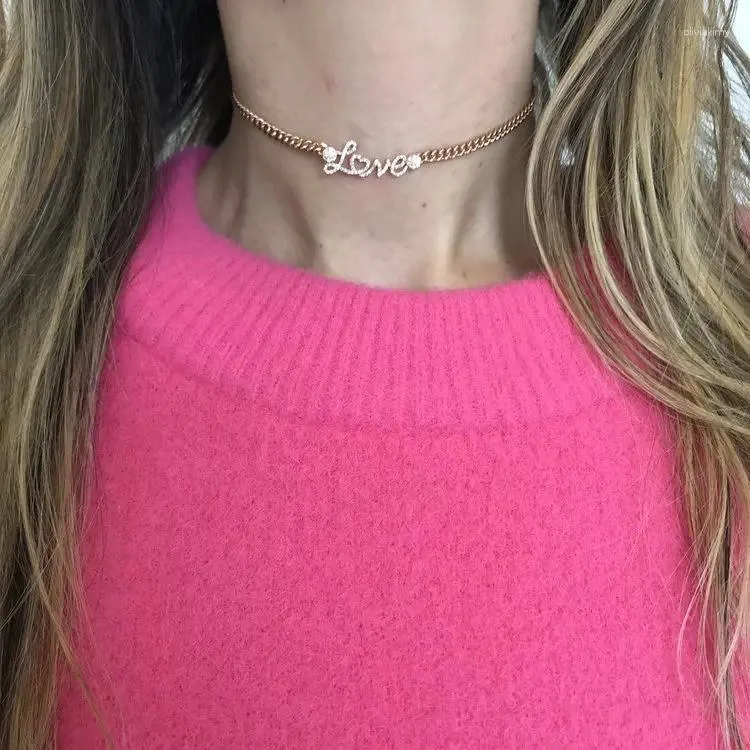 Collier ras du cou à large bordure cubaine pour femmes, chaîne à maillons pavée Bling Cz, Lariat multicouche, couleur or, bijoux avec lettres d'amour