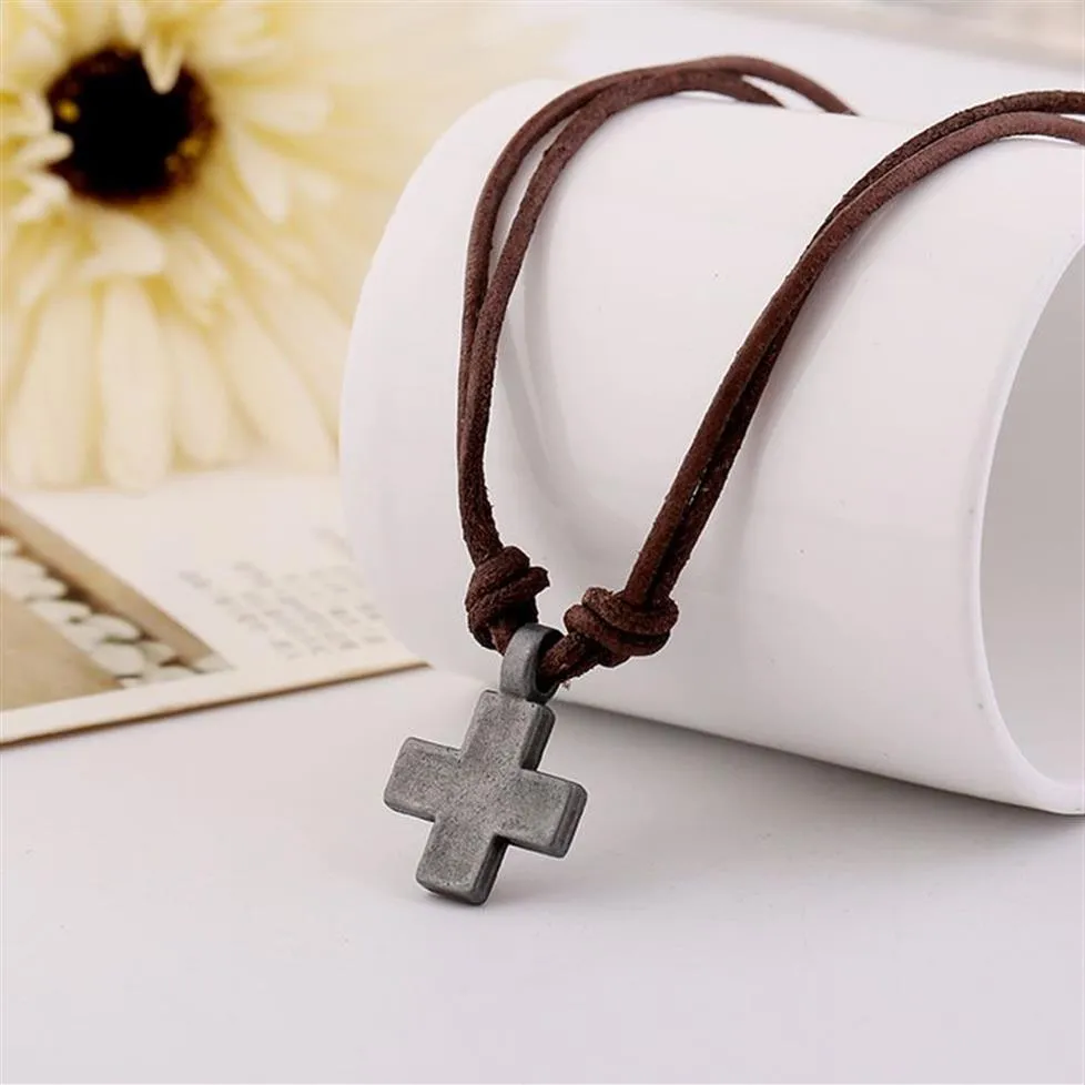 1 Pc Cross Mens Jewelry Vintage Genuine Leather Rope Necklace for Women Punk Antique Pendant Necklaces Fashion Prayer Gift Chain213m