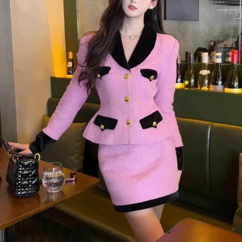 Work Dresses MIAOO Women Pink Vintage Blazer And Skirt Set Tweed Two Piece Autumn/Winter In Jacket High Waist Mini Suit