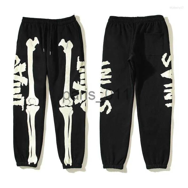 Men's Pants Men's Pants Cracked Skeleton Bone Print Sweatpant Fleece Men Women American Streetwear Vintage Casual Jogger Trousersers x1017