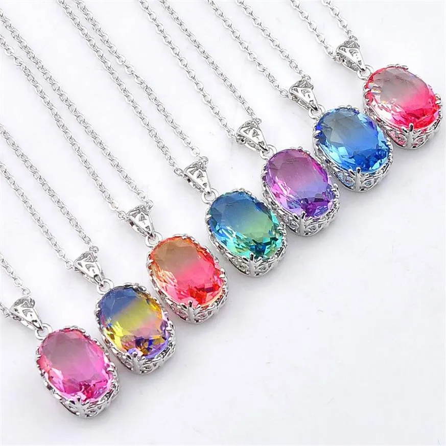 12Pcs Lot Luckyshine Vintage Mix Couleur Ellipse Bi couleur Tourmaline 925 Collier en Argent Femmes Mode Cz Pendentif Ensembles- Ship279Q