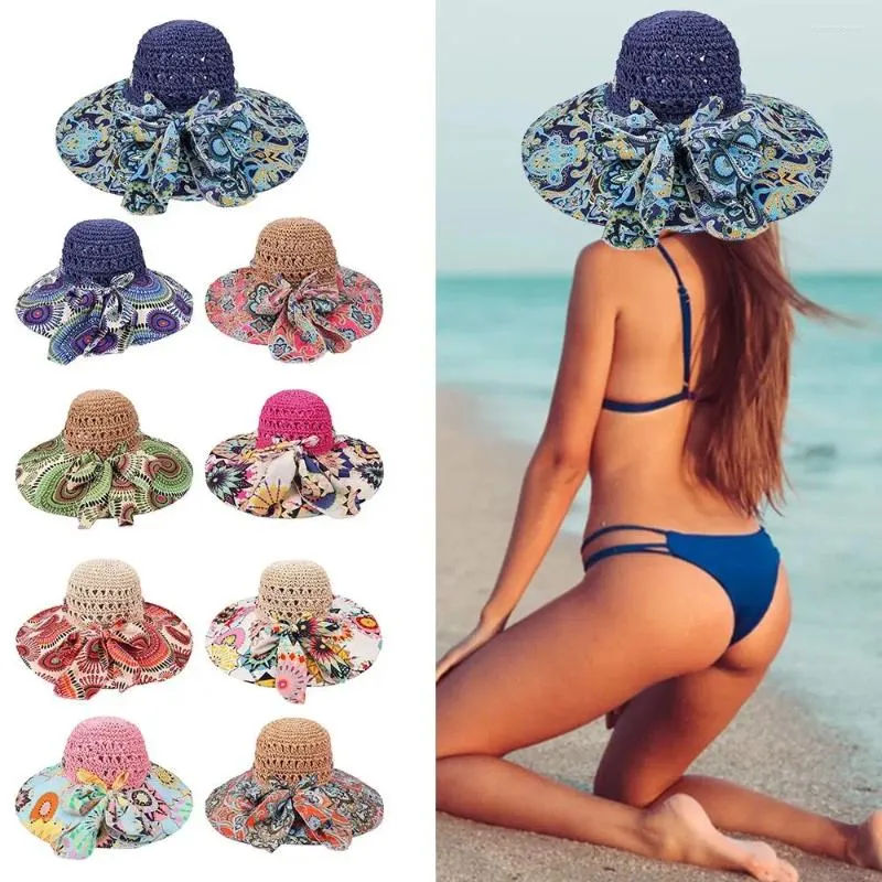 Chapeaux à large bord Camping Chapeau de plage pliable Printemps Été pour femmes Filles Floral Paille Bowknot Casquette de pêche Bohême Soleil