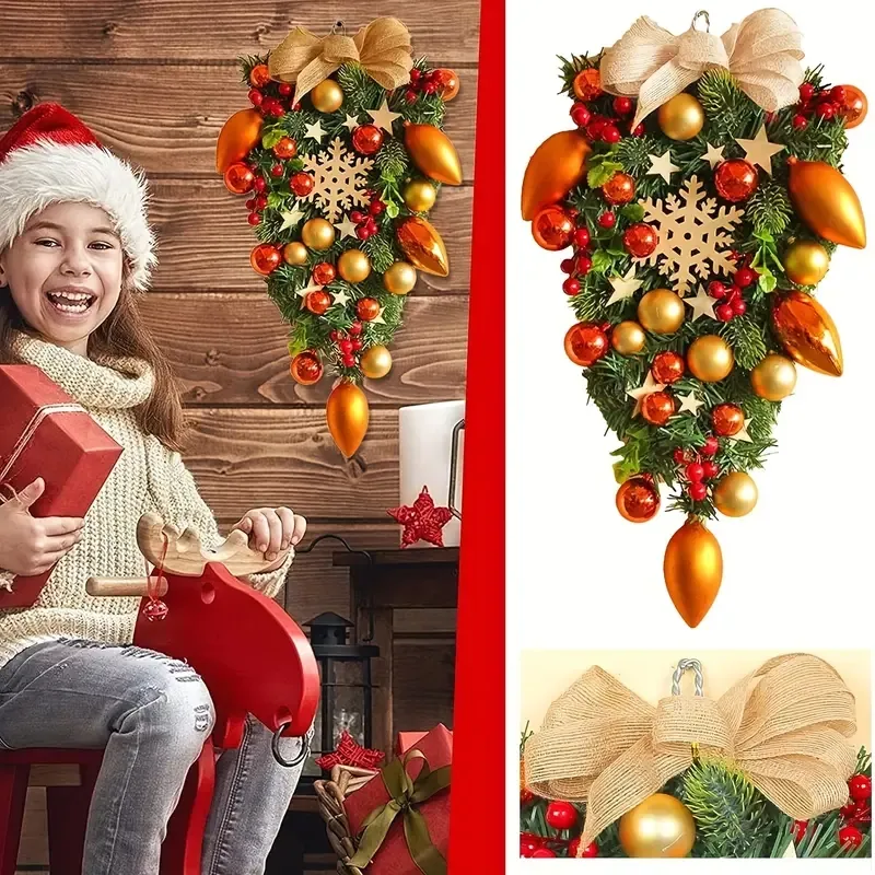 1 pièce de guirlandes de Noël artificielles en forme de larme, guirlande de porte d'escalier, ornement suspendu avec baies rouges, boule Xams, nœud papillon en ruban pour décoration intérieure et extérieure