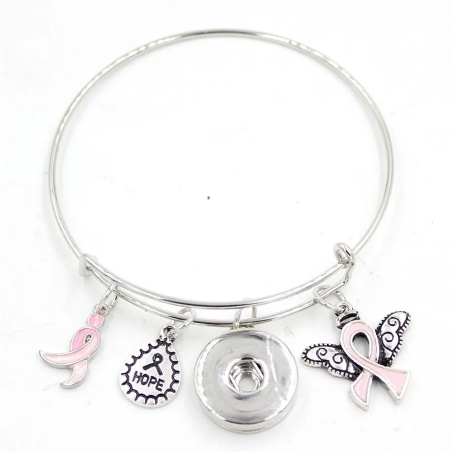 New Arrival Snap Jewelry Hope Ribbon Breast Cancer Awareness Pink Ribbon Angel Wing Charm Expandable Adjustable Wire Snap Bangles 274S