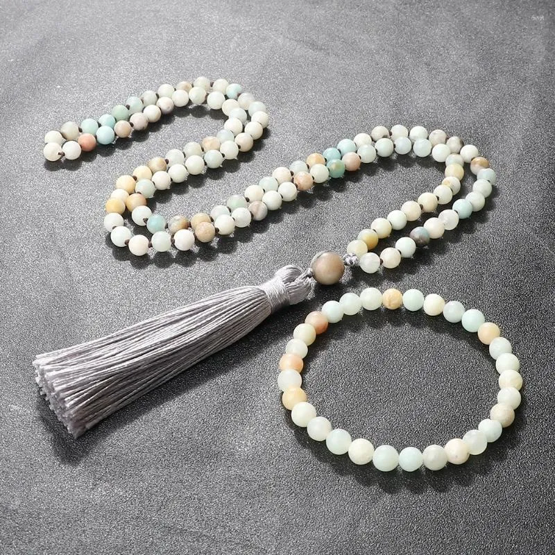 Pendanthalsband 108 Amazonite pärlor halsband Bangle for Women Charm Rosary Yoga Tassel tröja kedja mala män smycken gåva