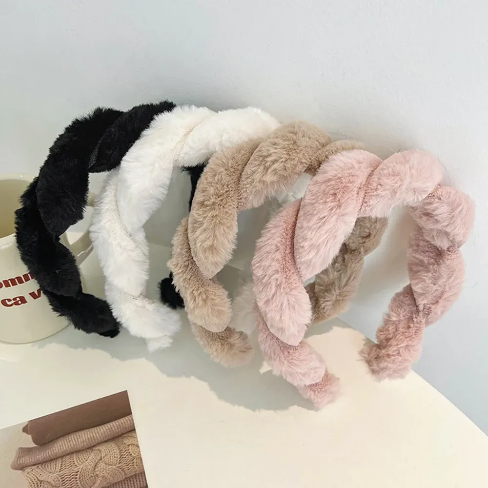 Soft Imitation Rabbit Fur Braid Headbands Faux Fur Twist Hairbands Plush Thicken Fluffy Hair Hoop Women Winter Hair Accessories