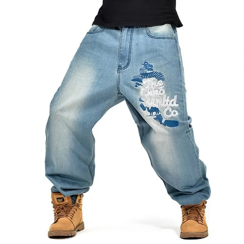 Jeans pour hommes Hommes Street Dance Hiphop Mode Broderie Bleu Lâche Board Denim Pantalon Global Mâle Rap Hip Hop Plus Taille 46260g