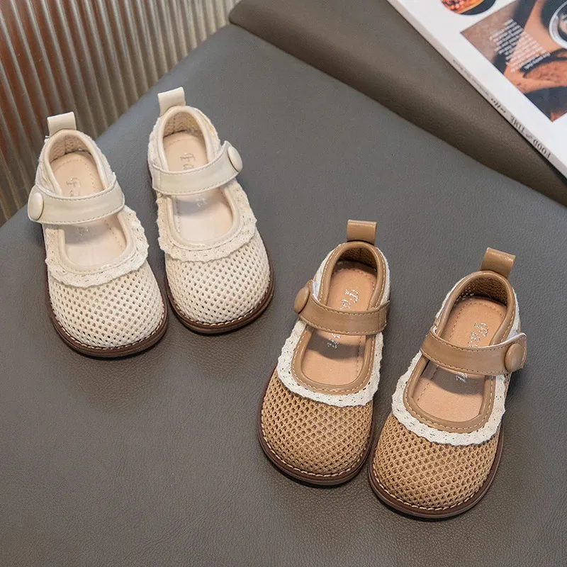 Sneakers Meisjes Zomer Mary Janes Netstof Holle Ruches Kinderen Platte Schoenen Beige Kaki 21 30 Zoet Ademend Casual Kinderschoen 231017