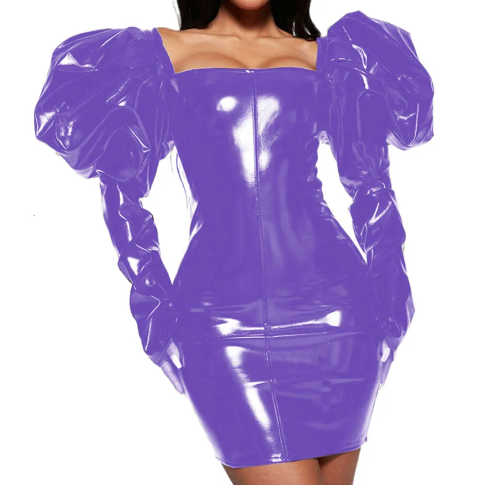 Formele staart party club vestido vrouwen pvc leer grote bladerdeeg lange mouw vierkante hals bodycon schede potlood mini-jurk sexy 7xlAnime kostuums